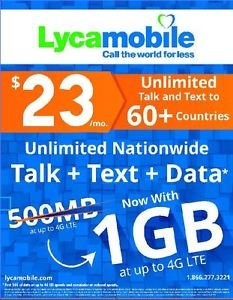 Lycamobile Preloaded Sim Card with $23 Plan Service Plan with Unlimited talk text and Data(up to 1G LTE speed) 1 Month Plan