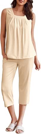 Ekouaer Womens Pajamas Set Pleated Square Neck Sleeveless Tops and Capri Pants Lounge Sets 2 Piece Summer Outfits