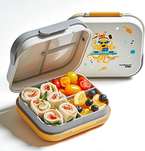 Bentoheaven Premium Bento Lunch Box for Kids, 9 Designs, Leak-proof 3-4 Compartments, Divider, Ideal size 30oz, Microwave/Dishwasher Safe Kids Bento Lunch Box (Loncheras Para Niñas/Niños)[Orange Gray]