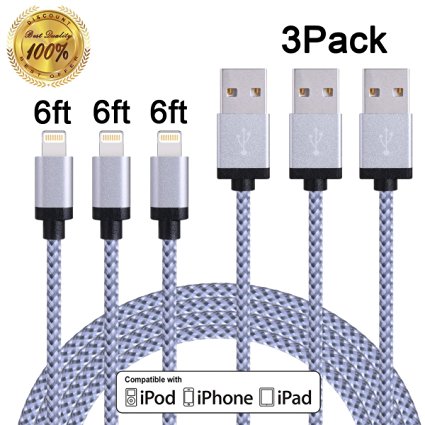 Winage 3Pack 6FT Ultra Long Nylon Braided iPhone Charging Cable USB Cord Charger for iPhone SE / 6s / 6 /6 Plus/ 6s Plus / 7/ 7Plus / 5s / 5c / 5 / iPad Air/ Mini / iPod Nano / Touch ( White )