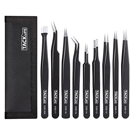 Tacklife HIT1A ESD Precision Tweezers Set 9 Pcs Anti-Static Stainless Steel Non-magnetic Tweezers Set with Storage Bag for Electronics, Jewelry-Making, Laboratory Work, Eyelash Extensions,Nail Art