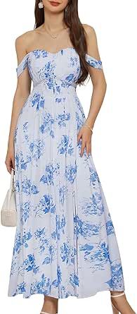 GRACE KARIN 2024 Women's Summer Floral Print Flowy A Line Dresses Sleeveless Smocked Off Shoulder Maxi Dress