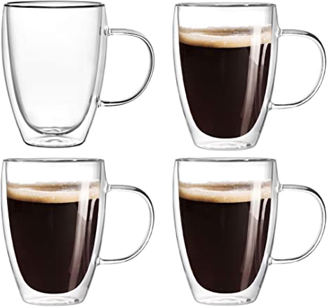 Double Wall Glass Coffee Mugs with Handle,Insulated Coffee Glasses,Glass Cappuccino Cups,Tea Cups,Latte Cups,Beverage Glasses,Heat Resistant,Microwave Safe, 350ml 12oz Set of 4