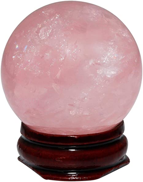 rockcloud Healing Crystal Natural Pink Rose Quartz Gemstone 2.35"(60mm) Ball Divination Sphere with Wood Stand