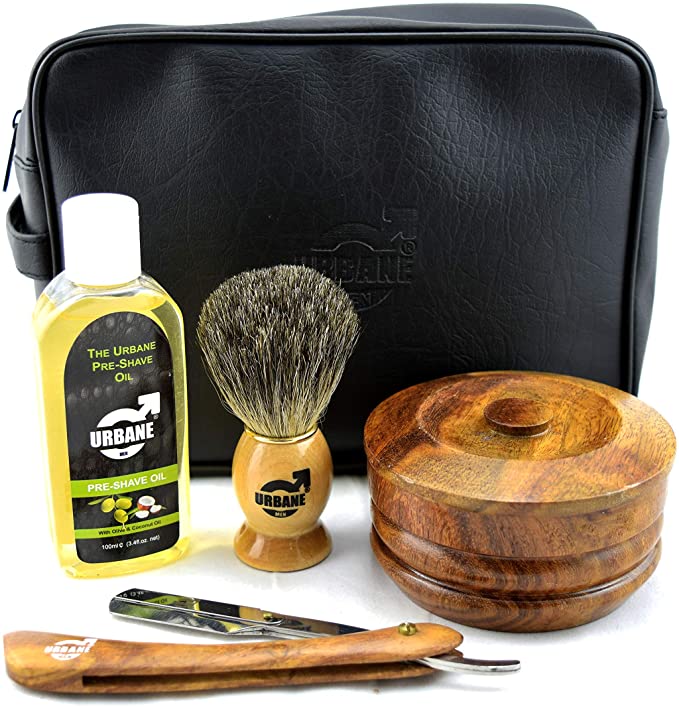 Urbane Men Traditional Shaving Complete Kit Gift Set- with Pre Shave Oil, Shaving Bowl, Soap, Brush, Straight Razor with Leather Case