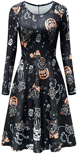 Dutebare Women Halloween Long Sleeve Dress Casual Printed Party Swing Midi Dresses