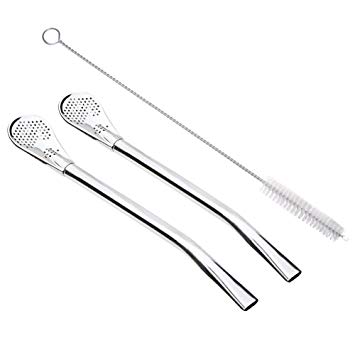 GFDesign Yerba Mate Bombilla Gourd Drinking Filter Straws 304 Food-Grade 18/8 Stainless Steel - Set of 2 with Cleaning Brush - 6" Long