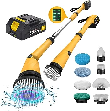 qimedo 1200 RPM Battery Electric Spin Scrubber, Highly Powerful Cordless Cleaning Brush with Smart Display, Electric Tile Floor Scrubber with 8 Brushes, Battery Powered Shower Scrubber