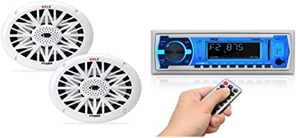 6x9 Inch Dual Marine Speakers - 2 Way Waterproof and Weather Resistant Outdoor Audio Stereo Sound System - 1 Pair & Marine Bluetooth Stereo Radio - 12v Single DIN Style Radio Receiver System (White)