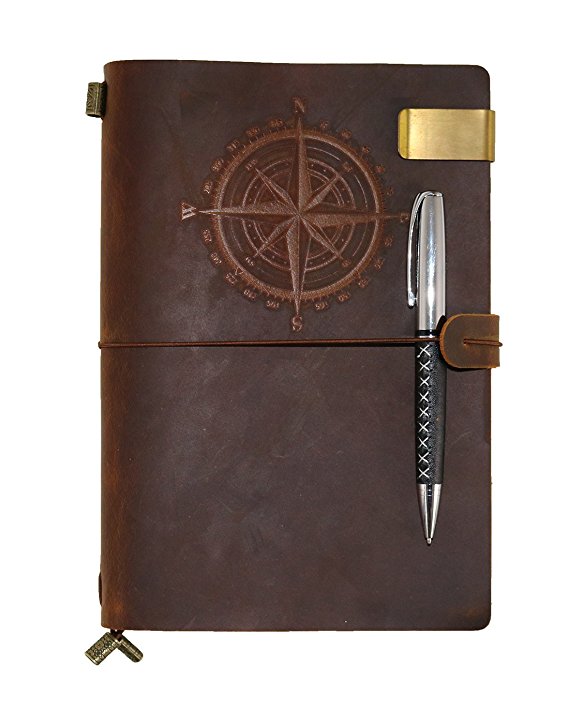 Leather Notebook Classic Compass Travelers Notebook Journal Refillable, Gift for Men & Women A5 Vintage Genuine Leather Notebook With For Writing, Travel Diary With Ballpoint Pen -
