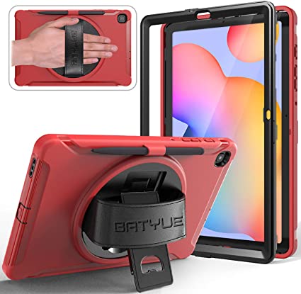 BATYUE Case for Samsung Galaxy Tab S6 Lite 10.4 2020 (SM-P610/SM-P615) with Screen Protector/Pencil Holder, [Full-Body] 3 Layer Hybrid Drop Protection Case w/ 360° Rotating Stand/Hand Strap (Red)