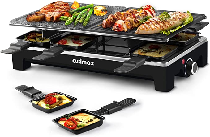 Raclette Table Grill, CUSIMAX 1500W Indoor Grill Electric Stone Grill, Portable Korean BBQ Grill with 2 in 1 Reversible Non-stick Plate & Natural Grill Stone, 8 Raclette Pans& Wooden Spatulas