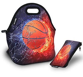 RICHEN Neoprene Lunch Bag with Cutlery Kit Neoprene Case for Knife,Fork,Spoon,removale Shoulder Strap,Thermal Thick Lunch Tote Bag,Reusable Bags for Adults and Kids,Basketball Design (RLB-02)