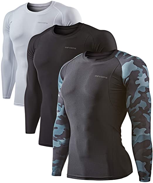 DEVOPS Men's 2~3 Pack Cool Dry Athletic Compression Long Sleeve Baselayer Workout T-Shirts