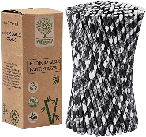 Cooraby 200 Pieces Black and White Plaid Paper Straws Biodegradable Paper Drinking Straws for Party Supplies and Party Favors