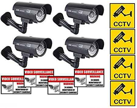 Rockmount Electronics (4 Pack) Outdoor/Indoor Dummy Security Cameras Fake Bullet Surveillance Cameras Simulated Infrared LEDs with Flashing Light with (8 Pack) Security Warning Sign Decal Stickers
