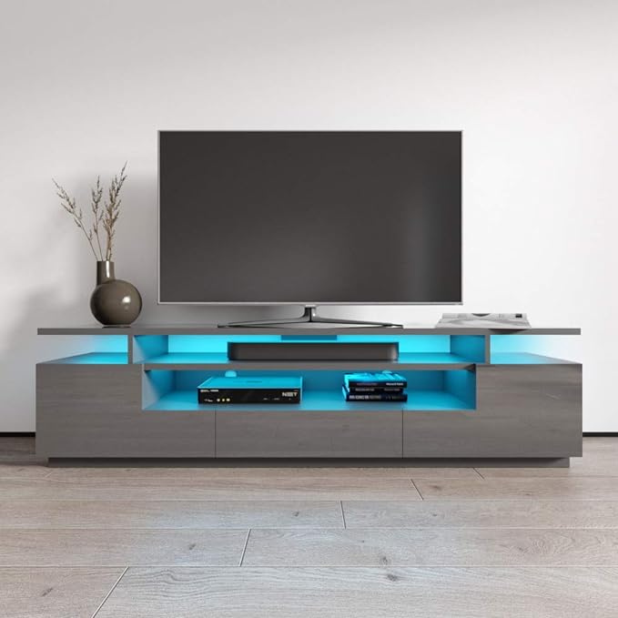 Eva TV Stand for TVs up to 85", Modern High Gloss 77" Entertainment Center, TV Media Console with Storage Cabinets and LED Lights