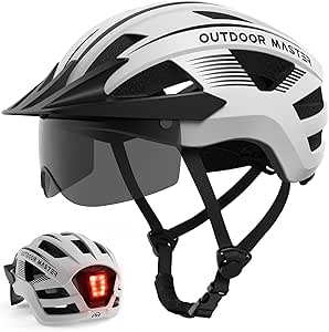 OutdoorMaster Adult Bike Helmet - Bicycle Helmet with Rechargeable Rear LED Light, Detachable Magnetic Goggles, Removable Sun Visor - Suitable for Commuting and Cycling for Men and Women