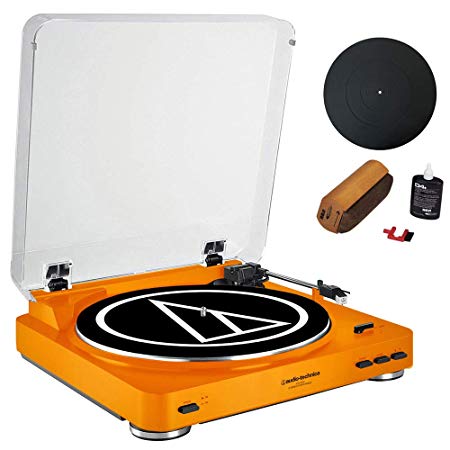 Audio-Technica Fully Automatic Stereo Turntable System Orange (AT-LP60OR)   Universal 12" Silicone Rubber Turntable Platter Mat & Vinyl Record Cleaning Fluid System with Brush