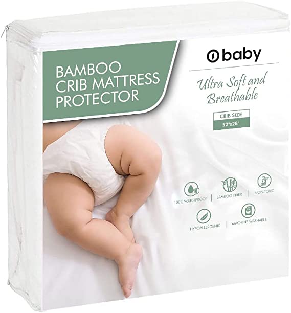 Ultra Soft Bamboo Crib Mattress Protector, Waterproof Baby Crib Sheet, 52x28x9, Long Skirt, Hypoallergenic, Crib Mattress Cover, o1brand, o1baby