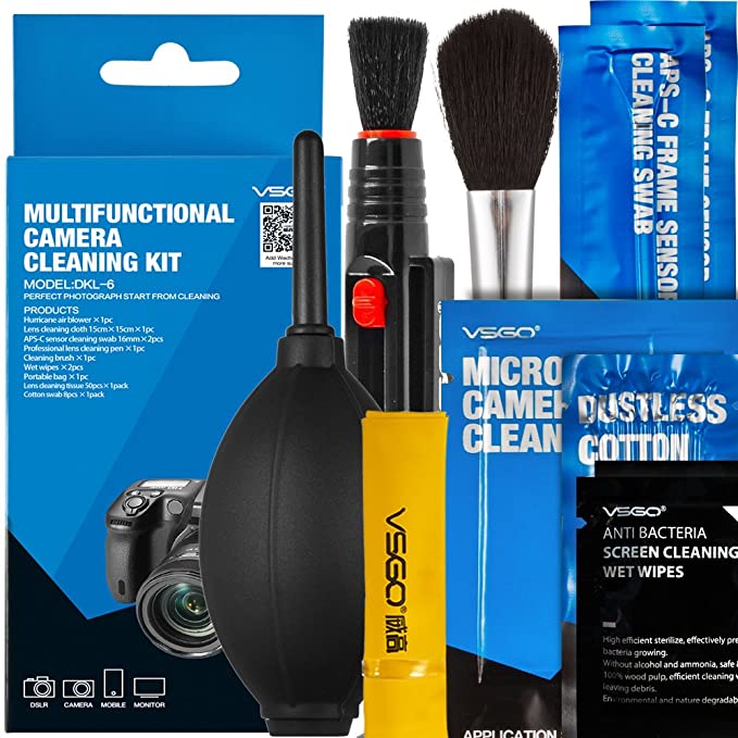 VSGO DKL-6 Camera Cleaning Kit Essential Package for DSLR and Sensitive Electronics: APS-C Sensor and Cotton Swab, Lens Pen/Brush, Wet Wipes, Lens Cleaning Paper, Microfiber Cloth, Air Blower, Blue