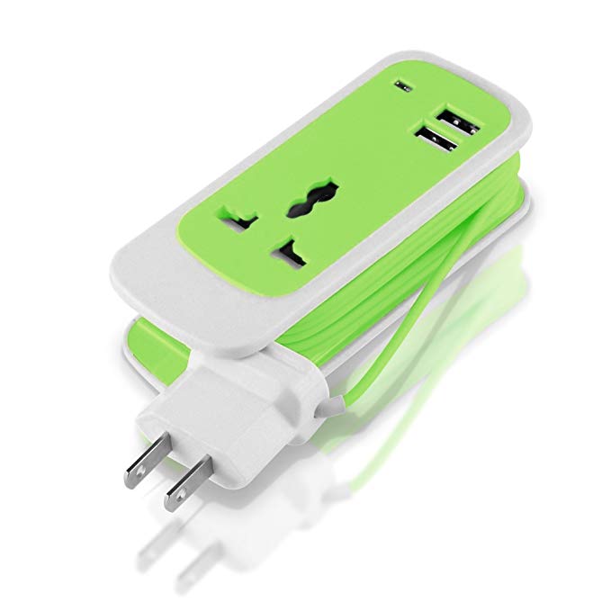 3-in-1 Portable Travel Charger Extension Cord 2-Port USB Power Adapter for smartphones & netbooks in Green
