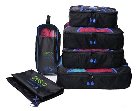 GreEco 4 Pcs Packing Cubes Plus 1 Pc Laundry Bag and 1 Pc Shoe Bag Set of 6