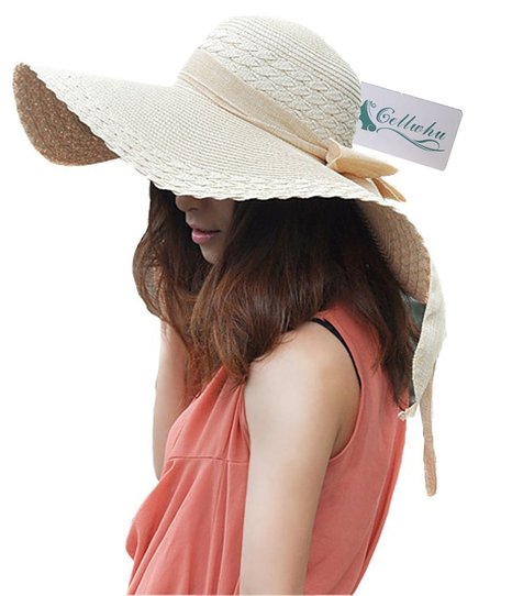 Women Large Wide Brim Floppy Beach Sun Visor Shade Straw Hat Cap Beige