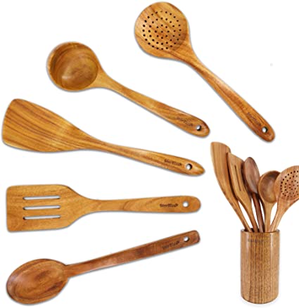 Acacia Wooden Utensils Set 6 Pcs by StarBlue - Non-Scratching, Durable and Natural Spatulas for Nonstick Cookware with Holder