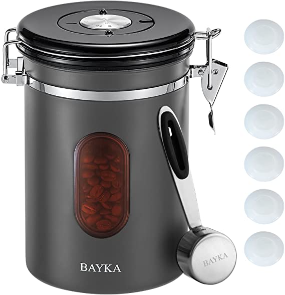 BAYKA Coffee Canister with Airtight Lid, Tawny Refill Window Coffee Container with Rotating Freshness Date, 6 Extra Exhaust Valves, Stores Whole Beans or Grounds, Includes Reusable Serving Spoon, 22 oz, Grey