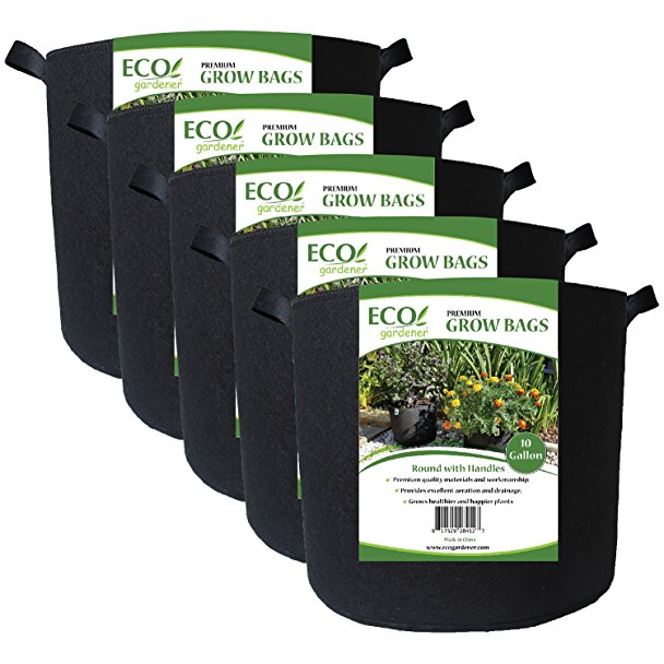 ECOgardener Grow Bags 10 Gallon with Handles - 5Pk. Premium Quality Fabric Plant Pots.