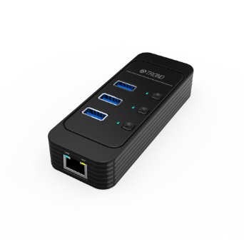 TROND® D5 3-Port USB Hub 3.0 with 10/100/1000 Gigabit Ethernet Converter (Individual Power Switches & LED Indicators, 3.9 ft Detachable USB 3.0 Extension Cable, Windows 10 / 8.1 Compatible), Ideal for Desktop PCs & Laptops