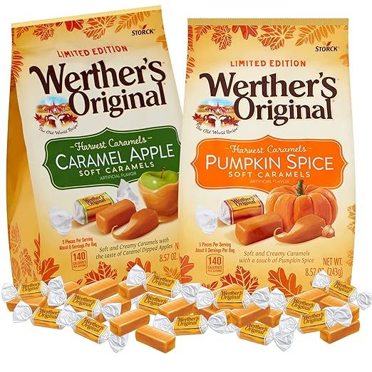 Pumpkin Spice and Caramel Apple Original Soft Caramels, Individually Wrapped Sharable Fall Flavored Candies, 8.57 ounce Bags, Pack of 2