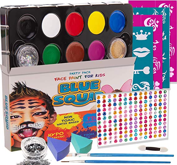 Blue Squid Face Paint for Kids, 193 Pieces, 8 Color, 30 Stencils, Brushes, Gems, Sponges & Applicator, Best Value Quality Party Pack for Kids, Safe Facepainting for Sensitive Skin, Quality Water Based