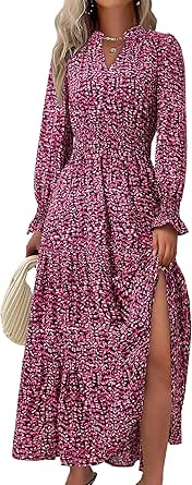 PRETTYGARDEN Women's Floral Maxi Dress 2024 Fall Long Sleeve V Neck Casual A Line Long Flowy Boho Party Dresses