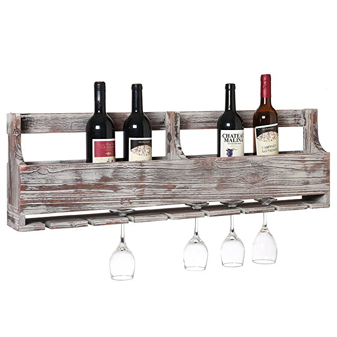 MyGift Distressed Gray Barnwood Wall-Mounted Stemware Glasses & Wine Bottle Display Rack