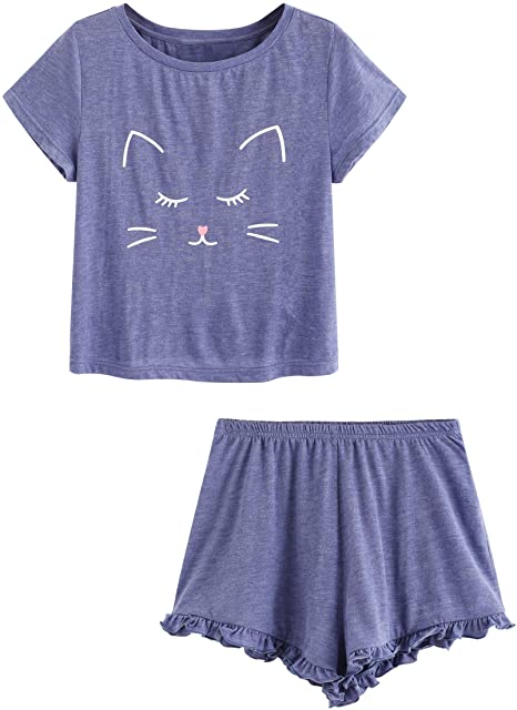 DIDK Women's Cute Cartoon Print Tee and Shorts Pajama Set