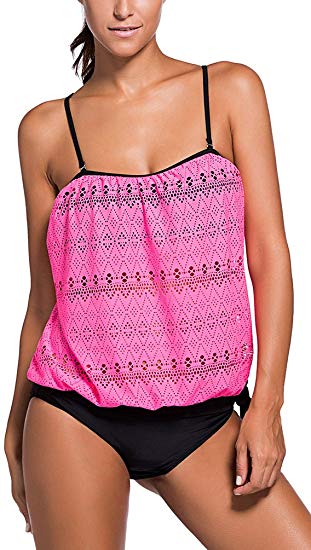OLIPHEE Women's Bandeau Swimsuits Soft Cup Strapless Blouson Tankini with Breifs