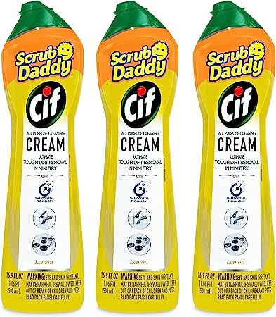 Scrub Daddy 3x Cif All Purpose Cleaning Cream, Lemon - Multi Surface Household Cleaning Cream for Glass, Chrome, Granite, Sink, Gold, Marble Countertops & More (3x 16.9oz Each)