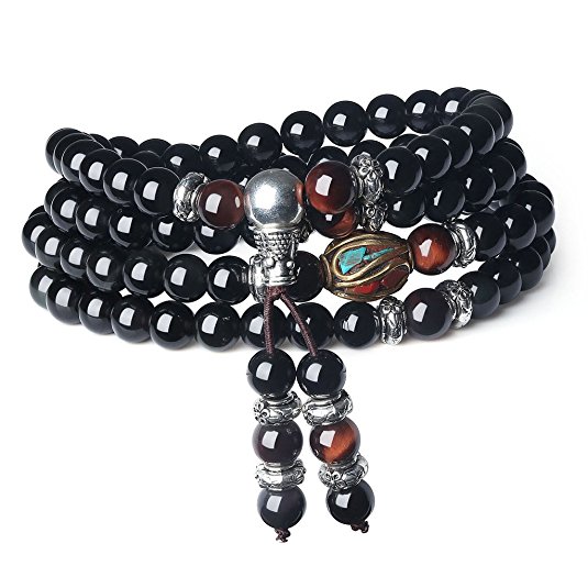 AmorWing Unique Gift Multilayer Tiger Eye and Obsidian Malas Prayer Beads Bracelet 6mm