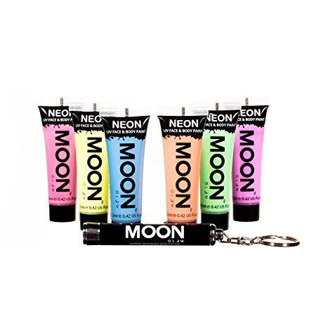 Moon Glow - Pastel Neon Blacklight UV Face & Body Paint - 12ml / 0.42oz Set of 6 - includes UV Keyring