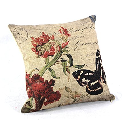 Createforlife Home Decor Cotton Linen Square Throw Pillowcase Cushion Cover Pillow Shams Vintage Butterfly Red Flower 18" x 18" (45CM*45CM, #1)
