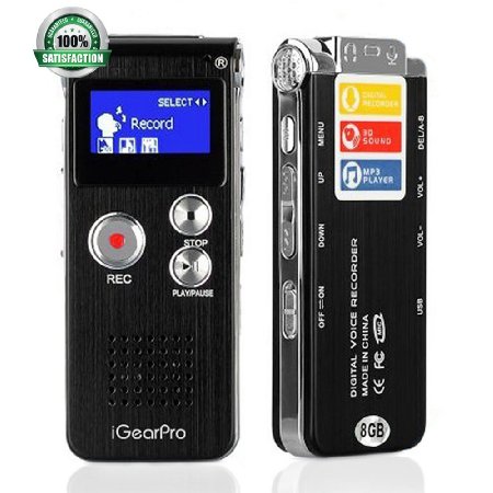 iGearPro Multifunctional Voice Recorder - Portable Rechargeable Digital Audio Dictaphone - MP3 Player 8GB