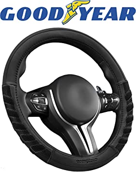 Goodyear GY1351 Black Rubber Grip Performance Steering Wheel Cover Non-Slip High Universal Fit 14.5"-15.5" Sport Design