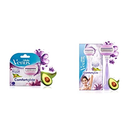 Gillette Venus Comfortglide Hair Removal Razor Blades/Refills/Cartridges for Women - 2 Pieces & Venus Comfortglide Hair Removal Razor for Women with Avocado Oils & Body Butter, 1 Pc