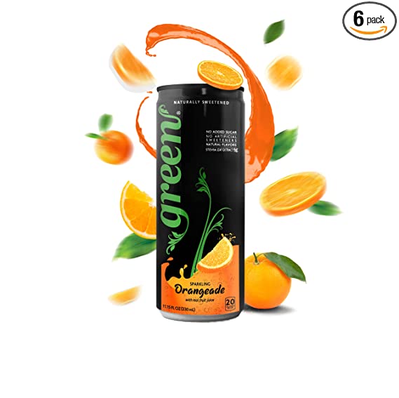 Green Orangeade - No added Sugar, 10% Real Orange Juice, 20 Calories per can, Naturally Sweetened with 100% Stevia Leaf Extract, Carbonated Soda, 11.15 Fl Oz each can - Pack of 6