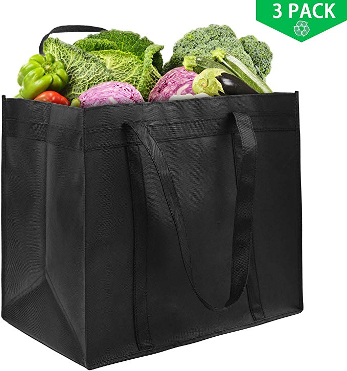 Awekris Extra Large Reusable Grocery Tote Bag, Heavy Duty Shopping Bag Grocery Bag with Reinforced Handles, Thick Support Bottom Hold 50  lbs Black 3 Pack