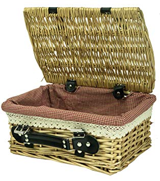 east2eden Honey Wicker Lidded Hamper Basket with Leather Handle and Red Gingham Lace Lining (Small)