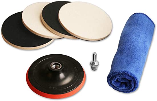 ZFE 5" Felt polishing pad, 4Pcs Wool Felt Disc Polishing Pads Buffing Pads and Backing Pad with M14 Drill Adapter Kit for Car Light Polishing