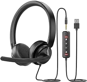 Headset with Mic, USB Headset with Microphone, Computer Headset with Noise Canceling Microphone for PC Laptop, in Line Mute Controls, Wired Headset for Work from Home /Office/Call Center/Teams/Zoom